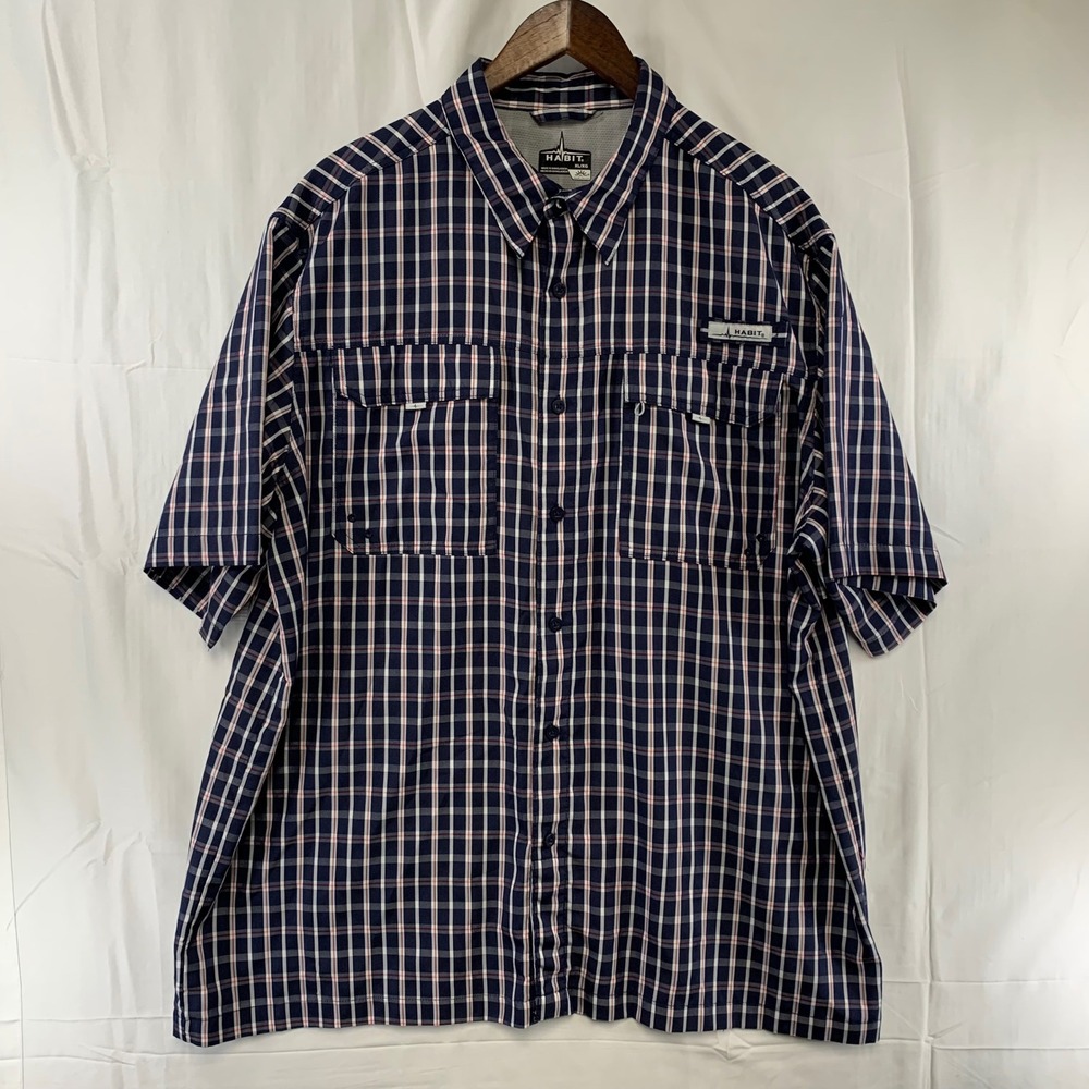 Habit Fishing Shirt Mens XL Navy Fish Finder Plaid Ventilated Short Sleeve